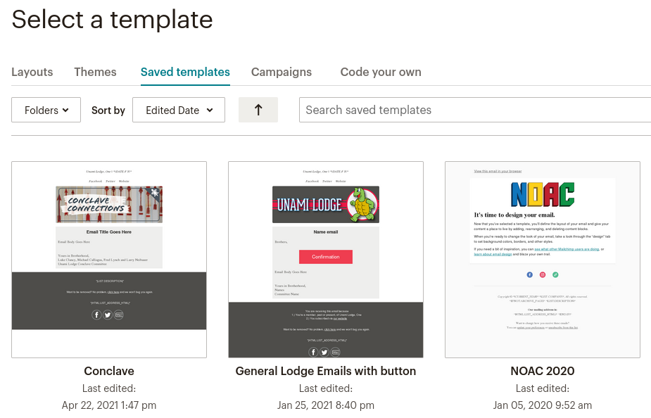 MailChimp campaign saved Unami templates screen.