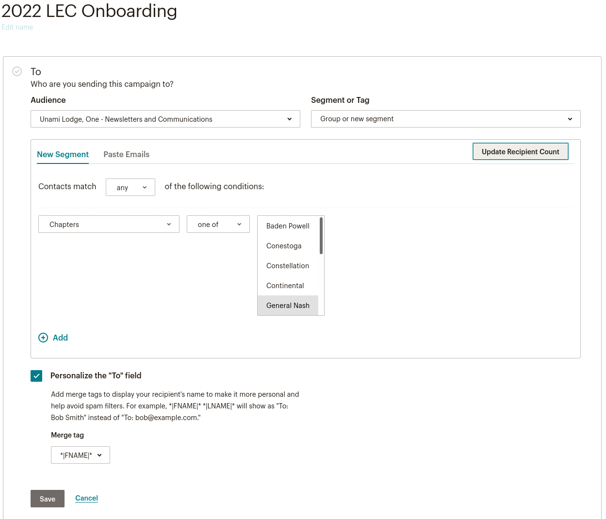 MailChimp campaign To screen, detailing how to select a single Chapter's members from the full list.